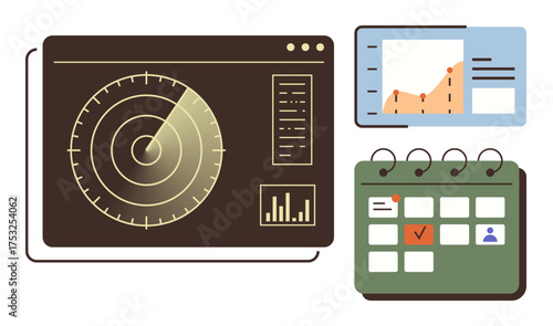 Radar screen with tracking display, bar chart, and digital calendar with event checkboxes. Ideal for data analysis, planning, technology, productivity, monitoring, event scheduling simple flat