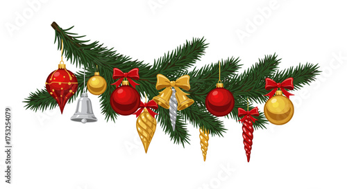 Festive christmas garland with ornaments and bells on pine branch