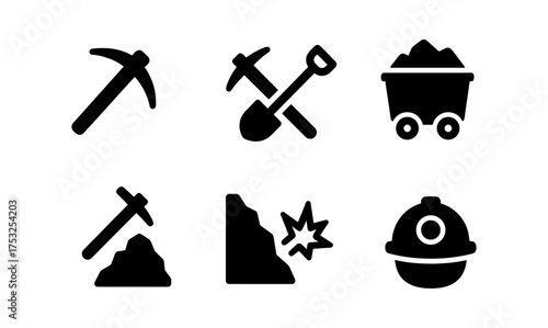 Mining icons set: tools, equipment, and symbols for industrial projects