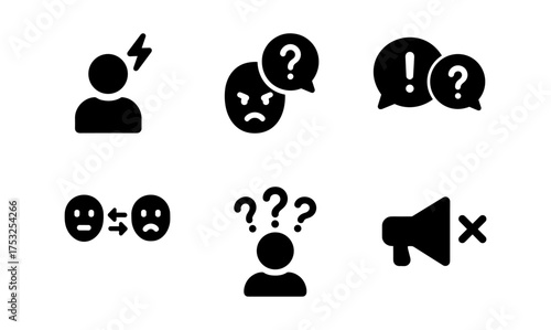 Communication problem icons: angry face, question mark, exclamation