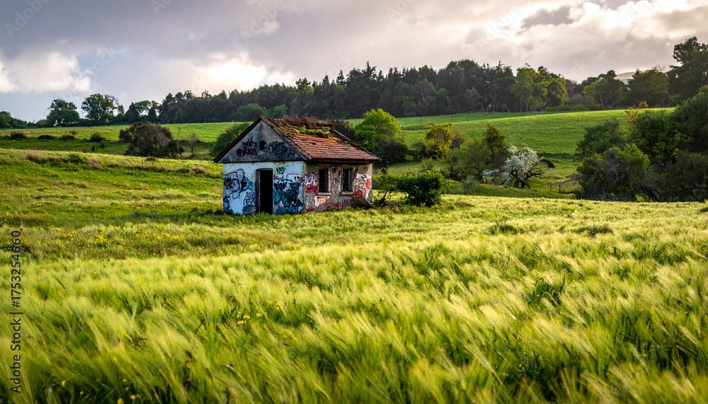 Obraz premium Derelict Country House with Street Art in a Lush Meadow, Urban Meets Nature