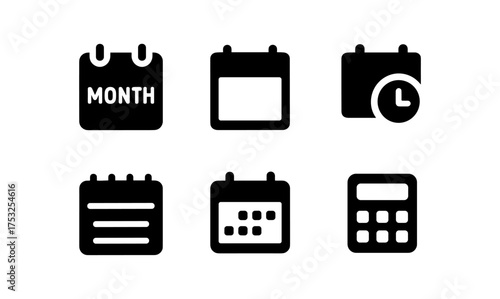 Set of minimalist black calendar and calculator icons on white background