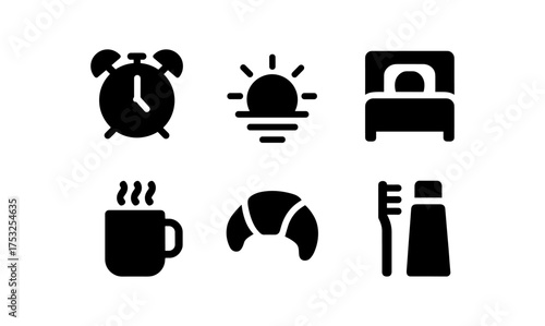 Morning routine icons including alarm, sunrise, coffee, croissant, and toothbrush