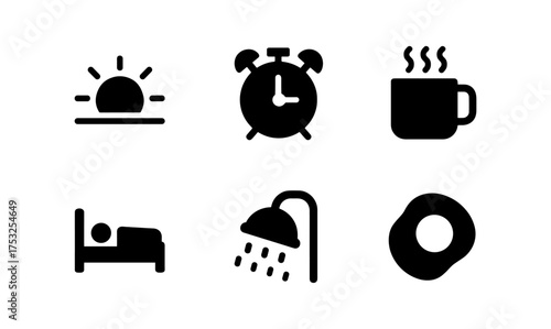 Minimalist morning routine icons: coffee, alarm, shower, breakfast, sleep