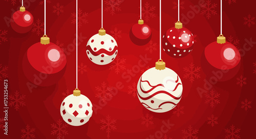 Festive red christmas baubles on elegant snowflake background