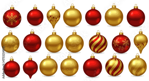 Festive red and gold christmas ornaments set for holiday decorating