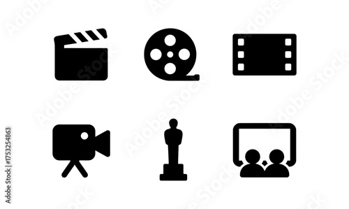Cinematic icons set featuring film, camera, and award symbols