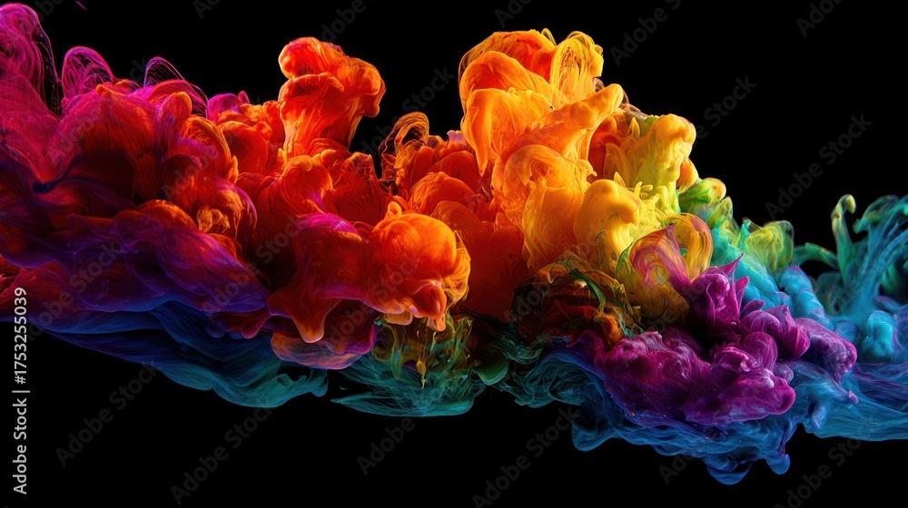 Fototapeta premium Vibrant Rainbow Ink Cloud Swirls and Blooms in Dark Water, Abstract Fluid Art