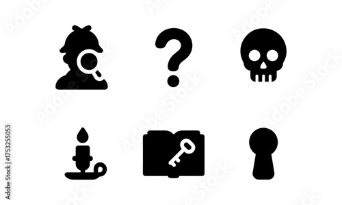 Mystery icons set: detective, question mark, skull, candle, book, keyhole in black silhouette style