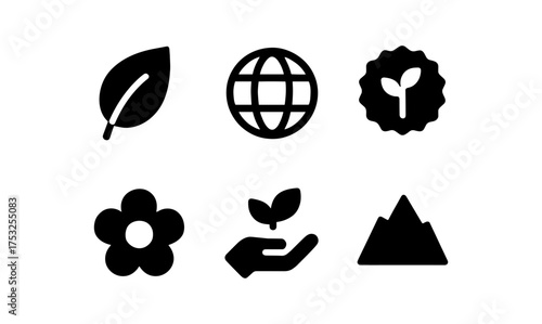 Eco-friendly nature icons featuring leaf, globe, and flower designs in flat style