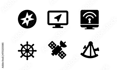 Navigation and technology icons set featuring compass, gps, satellite, network, and sailor wheel