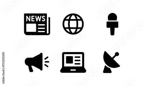Media communication icons: news, internet, and broadcasting in black silhouette style
