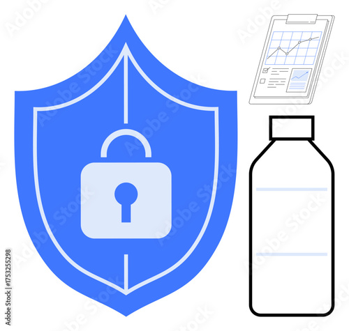 Blue shield with lock symbolizing security, clipboard with data chart showing analysis, and bottle for preservation. Ideal for security, protection, data analytics, research, storage, monitoring