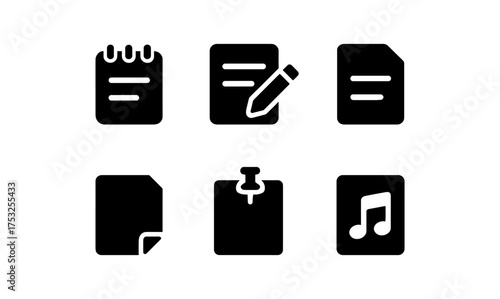 Basic flat black icons for notes, documents, and music