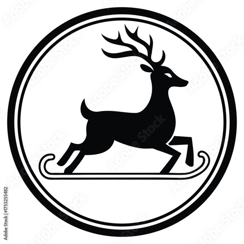 A black silhouette of a reindeer sledging