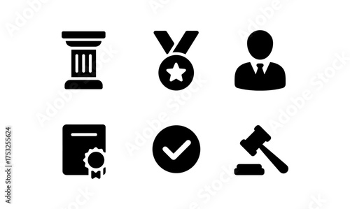 Essential icons for law and achievement themes in simple black silhouette style