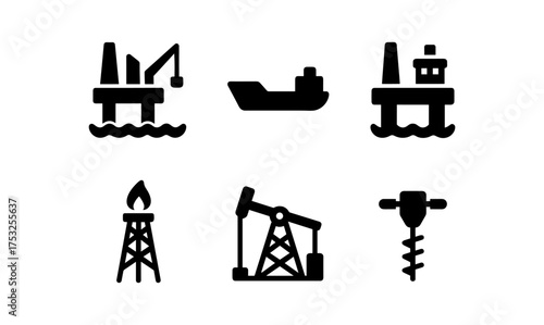 Oil industry icons set: silhouette style of rigs, drills, and tankers