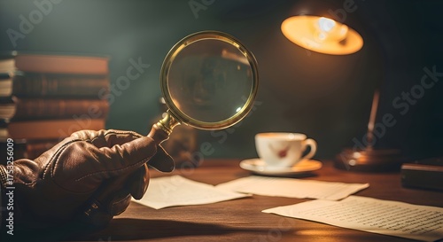 A hand holding vintage magnifying glass, on aesthetic background