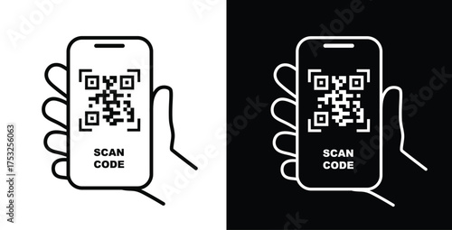 Scan QR code line icon with phone. Barcode. Holding smartphone scanning qr code vector Vector Flat Icon Mobile Phone black white illustration.