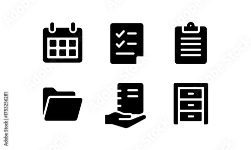 Set of office silhouette icons: calendar, checklist, clipboard, folder, document, file cabinet