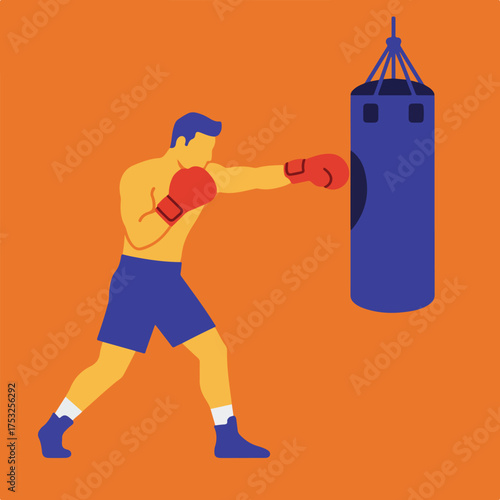 Male boxer training with punching bag, red gloves, blue shorts