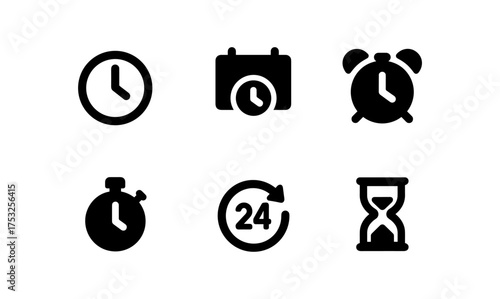 Minimalist time icon set featuring clocks, calendars, and hourglasses
