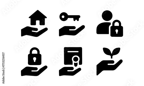 Security and care icons: hands holding key, lock, and growth symbols