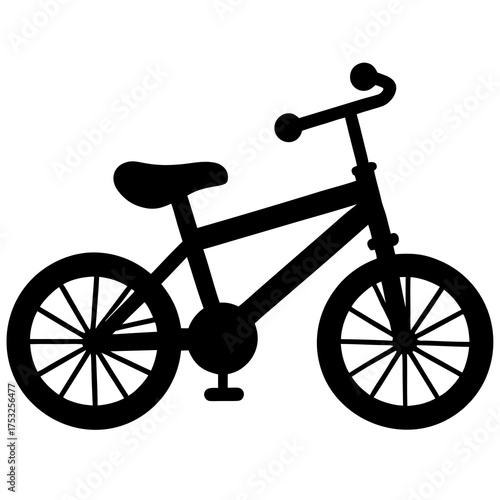 Simple black silhouette of a child s bicycle with two wheels and handlebars on a white background