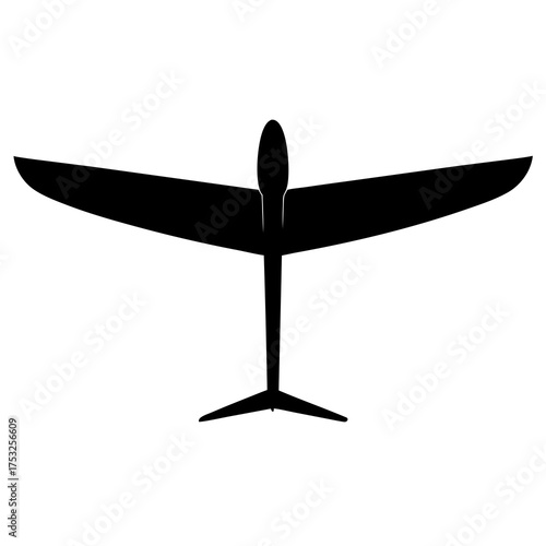 Silhouette of a classic spitfire airplane viewed from above against a white background