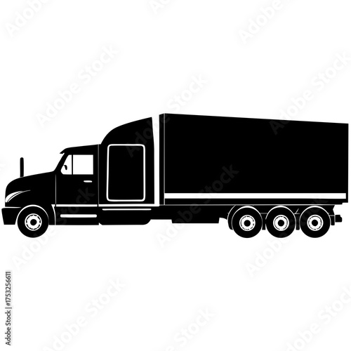 Black silhouette of a modern semi truck with a long trailer on a white background