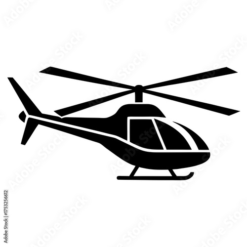 A simple black silhouette of a helicopter with rotor blades and tail rotor on a white background