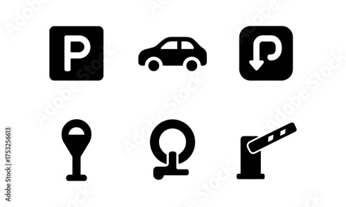 Essential parking icons set: simple black silhouette design for travel and navigation