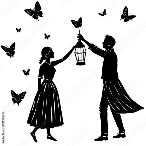 Couple holding a lantern with butterflies flying around them in a silhouette style