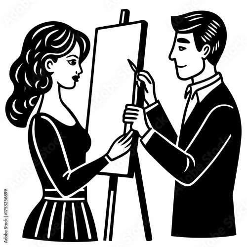 Artist painting a portrait of a woman standing at an easel with a brush and canvas