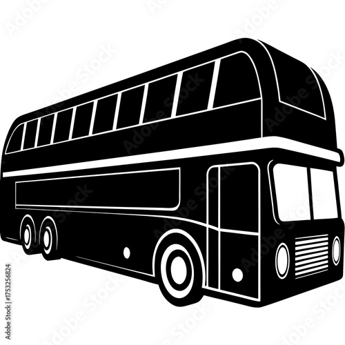 Classic black and white silhouette of a double decker bus on a white background