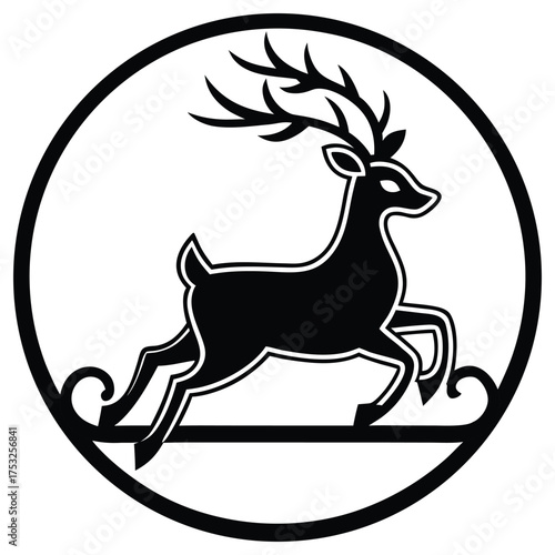 A black silhouette of a reindeer sledging
