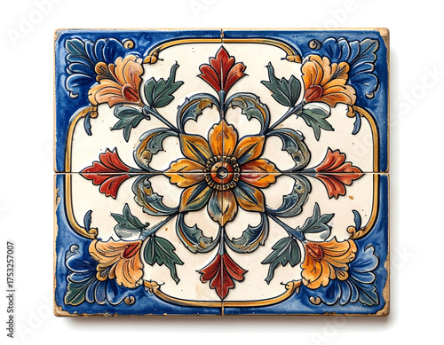 Intricate Ceramic Tile with Floral Design, Ornamental Vintage Pattern