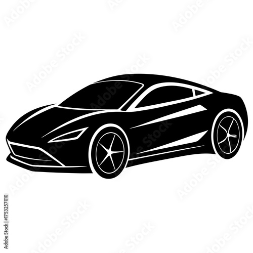 Sleek black sports car silhouette with sharp lines and modern design on a white background