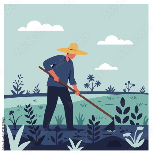 A person in a wide-brimmed hat works a garden with a hoe under a cloudy sky