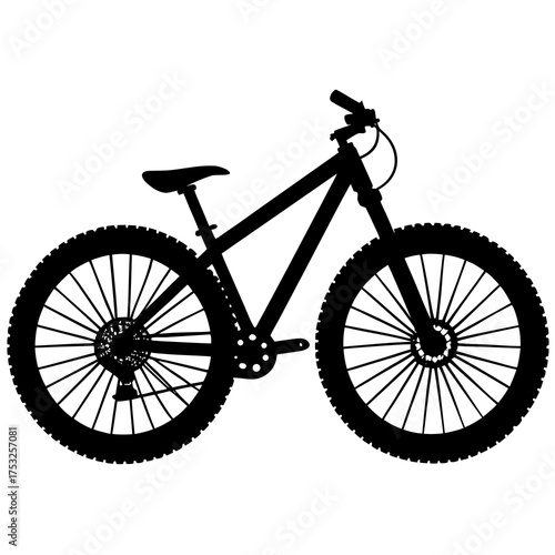 Silhouette of a modern mountain bicycle with knobby tires and suspension fork on a white background