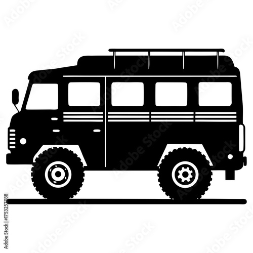 Black silhouette of a rugged expedition van with a roof rack and large off road tires