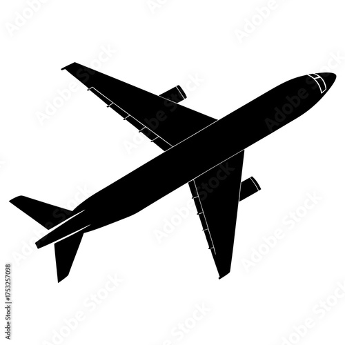 Silhouette of a modern commercial jet airplane flying against a white background viewed from above