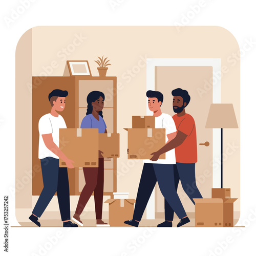 Diverse group of people carrying boxes, relocating