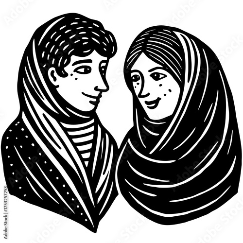 Two women wearing headscarves look at each other with smiles in a black and white woodcut style illustration