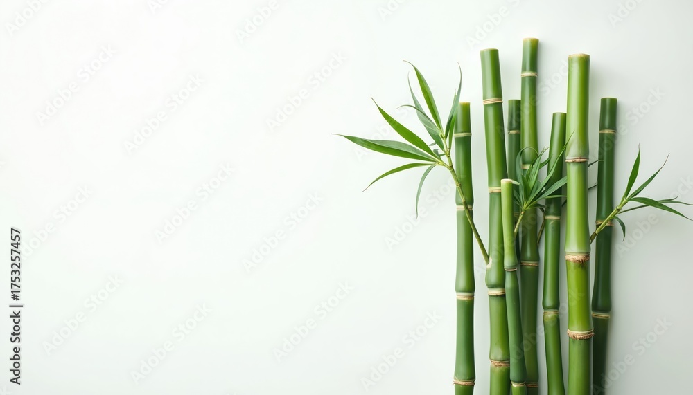 Fototapeta premium Green bamboo stalks grow tall and straight against a plain background. Their natural texture and vibrant green color create a calming, minimalist visual suitable for wellness or natural themes.