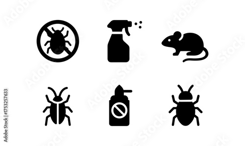 Pest control icons set: bugs, rodents, and spray silhouettes in black