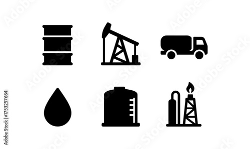 Energy industry icons: oil drum, pump jack, tanker truck, droplet, storage tank, refinery