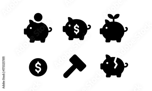Piggy bank icon set: savings, investments, and financial growth symbols in silhouette style