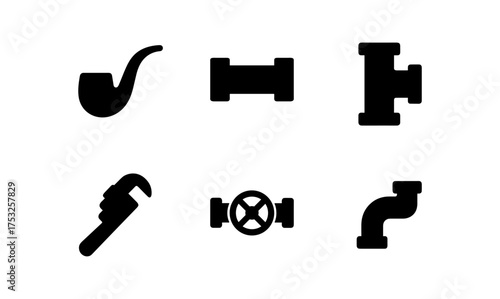 Silhouette plumbing icons set featuring pipe, wrench, and valve designs