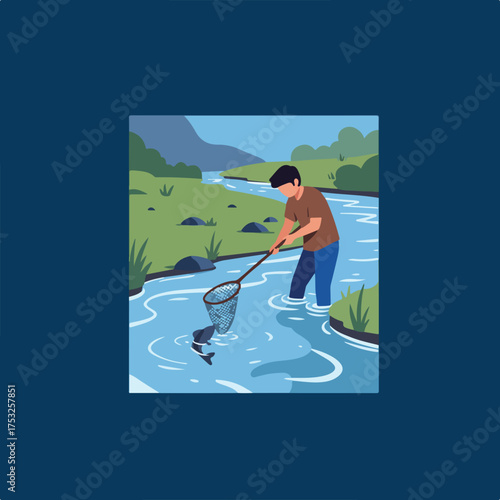 Person fishing in a stream with a net, surrounded by nature